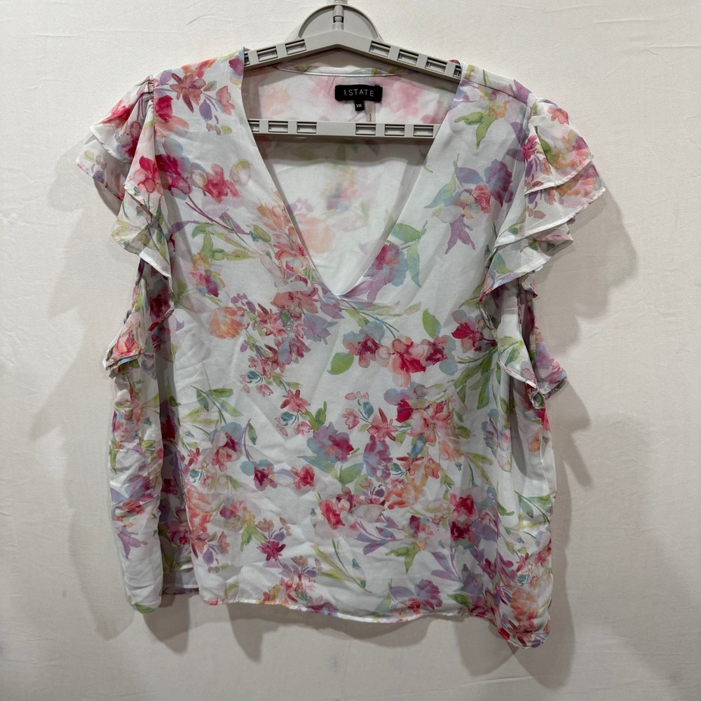 1.STATE Women XXL Floral VNeck Ruffle Sleeve Blouse White Watercolor Chiffon Top